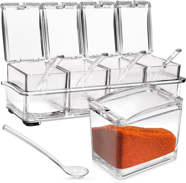 4-Cell Clear Seasoning Rack Spice Box, Storage Container Condiment Jars Acrylic Seasoning Box with Cover and Spoon (Enhanced Version Clear)1