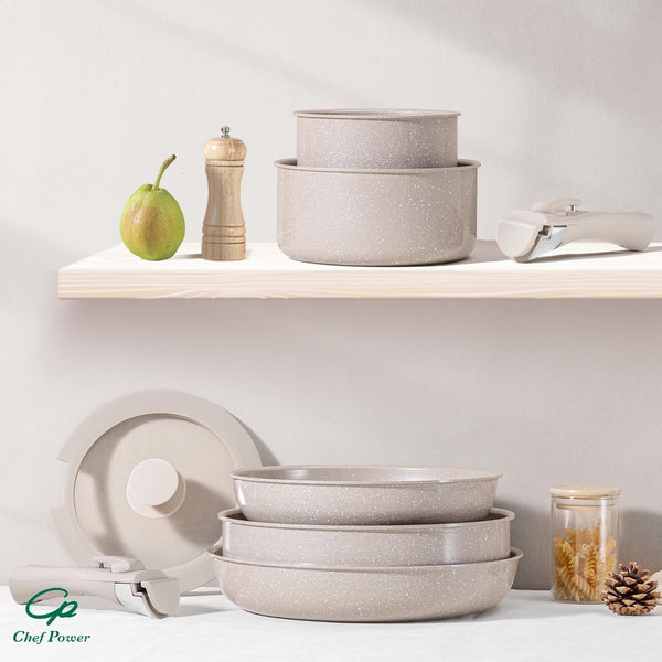 Ceramic Nonstick Pots and Pans Set 19 Piece with Detachable Handle, Induction Dishwasher Oven Safe Cookware Set, RV Kitchen Set Removable Handle, Mocca Taupe8
