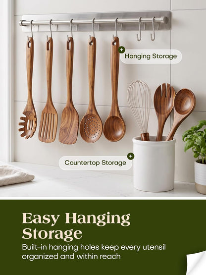 10Pcs Wooden Kitchen Utensils, Teak Wood Utensil Set for Kitchen, Heat-Resistant Wooden Spoons for Cooking, Nonstick Wood Spatula Soup Ladle Tong Egg Whisk5