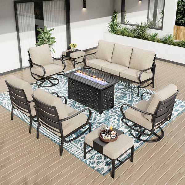 8 Piece Metal Patio Furniture Set with Fire Pit Table, Beige1