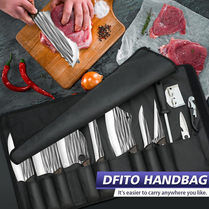 Butcher Knife Set, Sharp Kitchen Knife Set with Roll Bag Gift for Men | Hand Forged 14PCS Butcher Chef Knife Set with Bone Chopping Knives & Meat Cleaver Knife & Fillet Knives for Home, Camping BBQ7