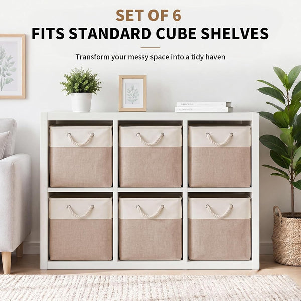 13×15×13 Inch 6 Pack Foldable Fabric Storage Basket with Handles,Extra Large Storage Basket,Decorative Storage Basket for Organizing Clothes, Toys, Books(White&Beige)8