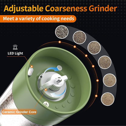 2Pack Electric Salt and Pepper Grinder Set USB Rechargeable with Warm LED Light, Adjustable Coarseness  Large Capacity Automatic Salt Pepper Mill Grinder for Kitchen, Restaurant, Outdoor, Green3