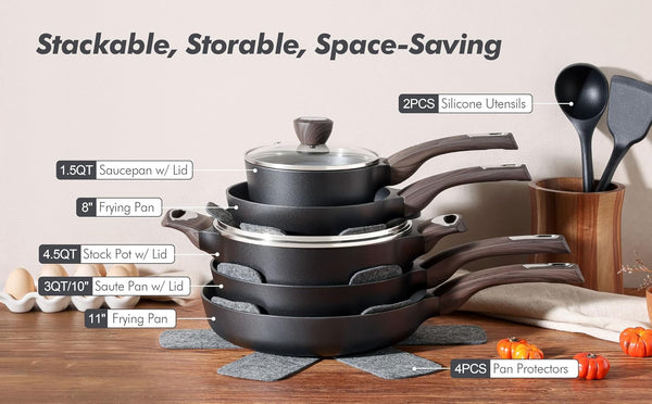 Pots and Pans Set Non Stick, Non Toxic Healthy Induction Cookware Sets, 14 Pcs Non Stick Kitchen Cooking Set with Frying Pans Set & Saucepan, PFOA PFOS APEO Free, Black9