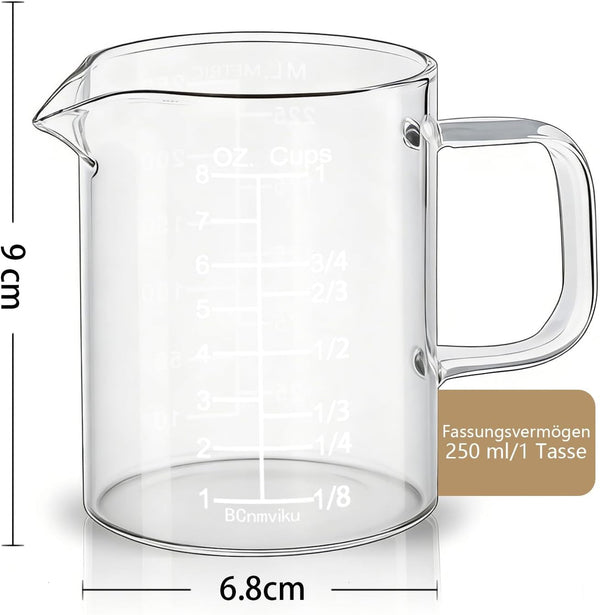 Glass Measuring Cup with Handle, 8OZ/250ML/1 CUP Glass Measuring Pitcher with OZ and Cup Markings, Heat-Resistant Borosilicate Glass for Coffee (NC-250ML)4