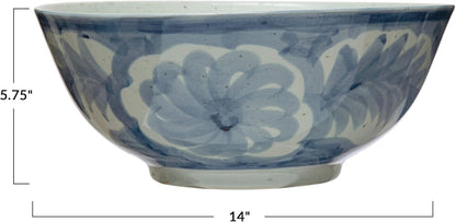 Creative Co-Op Hand Painted Stoneware Bowl with Floral Design, Blue and White5