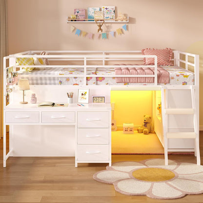 Low Loft Bed Twin Size with Desk, 12 Storage Drawers, Window, White9