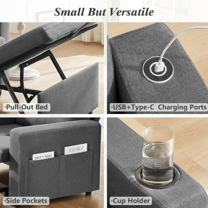 42.5" Sleeper Chair Bed, 3-In-1 Convertible Reclining Sofa Chair with Pull Out Couch Bed, Adjustable Backrest, Side Pockets, Cup Holder, USB Ports & Wing Table, Premium Dark Gray7