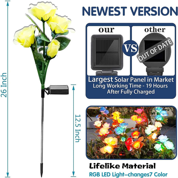 Solar Garden Lights - Upgraded Outdoor Light, 7-Color Changing Rose Lights for Yard,Garden Decoration, Enlarged Solar Panel, More Realistic Rose Flower (2 Packs)3