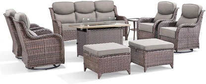 Luxury Patio Furniture Set with 6-Inch Thick Cushion, Outdoor Furniture with Fire Pit Table, Swivel Chairs, Sofa, Side Table, Ottomans, 9Pcs Wicker Conversation Set(Brown Wicker/Grey Cushion)7