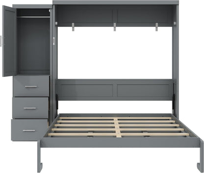 Queen Murphy Bed with Storage Drawers and Wardrobe,Solid Wood Farmhouse Horizontal Murphy Wall Bed Cabinet with Drawers for Bedroom Office Guest Room, Foldable (Queen,Gray)9