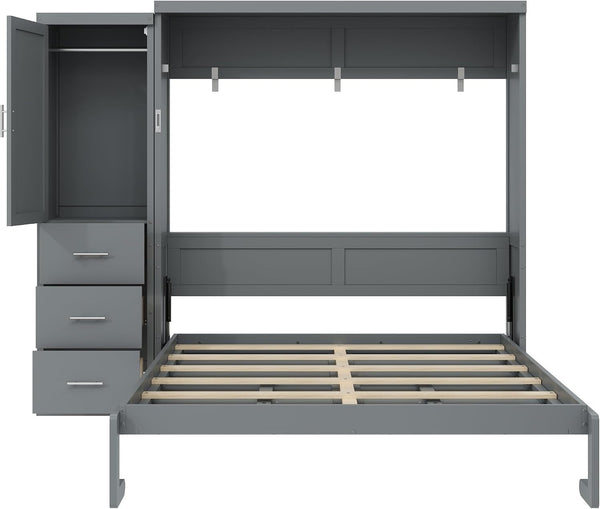 Queen Murphy Bed with Storage Drawers and Wardrobe,Solid Wood Farmhouse Horizontal Murphy Wall Bed Cabinet with Drawers for Bedroom Office Guest Room, Foldable (Queen,Gray)9