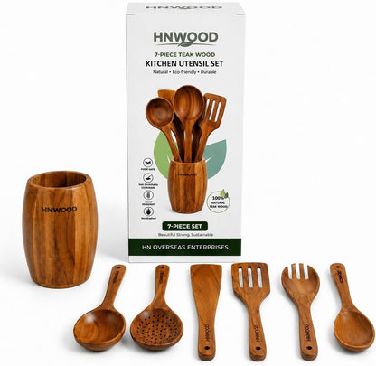 Wooden Utensil Set with Holder, Teak Wood Cooking Spoons, Slotted Spatula, Skimmer, Ladle, 7 Piece1
