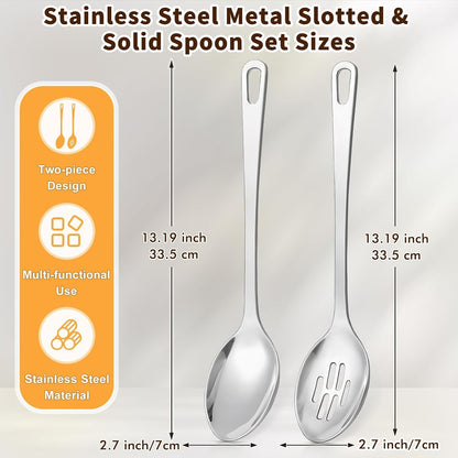2 Pcs Stainless Steel Cooking Spoons Set, Solid & Slotted Metal Serving Spoons, Heavy Duty Sturdy Large Soup Ladle, High Heat Resistant Kitchen Cooking Utensils for Mixing, Stirring, Easy to Clean6