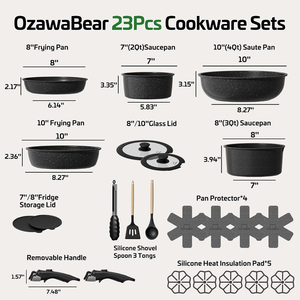23 Pcs Pots and Pans Set Non Stick, Ceramic Cookware Set Non Toxic with Detachable Handles, Healthy Induction Cookware Oven Safe RV Kitchen Set, PFAS PFOA & PTFE Free, Black2