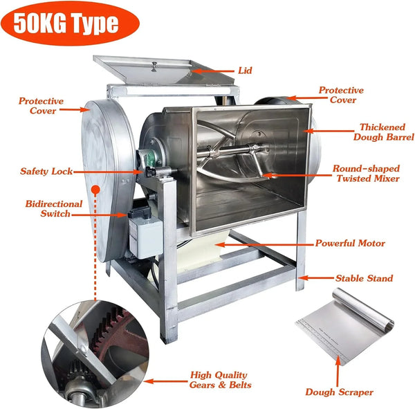 110V Commercial Dough Mixer Machine Kneading Capacity Electric Food Mixer Flour Mixer for Dough Mixing Kneading (Standard, 50KG/110LBS)8