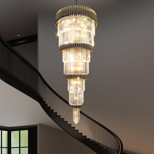 Luxury Black Gold Chandelier for High Ceilings 7-Tier Chandelier for Staircase Foyer Villa Large Farmhouse Crystal Ceiling Lighting D32 in × H95 In7