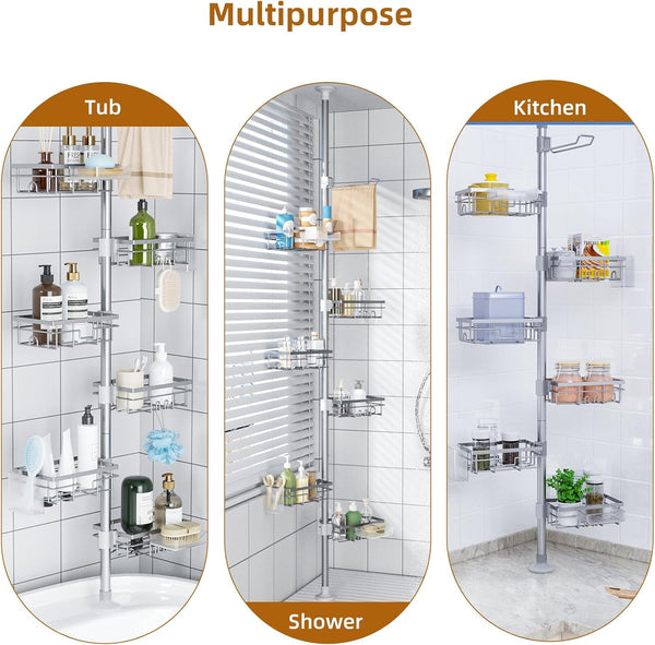 Shower Caddy Organizer Tension Pole, Rustproof 4 Tier Corner Shower Rack with 25–114 Inch Adjustable Height for Bathroom Storage, Extra Towel Rack, Soap Dish and Toothbrush Holder, Silver9