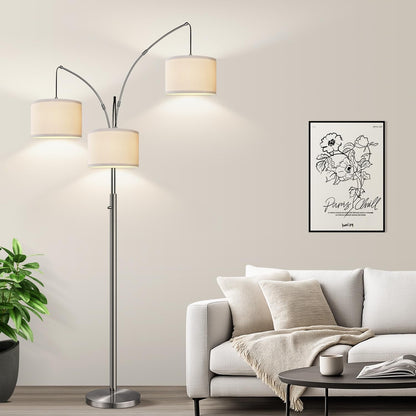 Dimmable Floor Lamp, 3 Lights Sliver Arc Floor Lamp, Modern Tall Standing Tree Lamp with White Linen Shades & Heavy Base, 3000LM LED Bulbs, Bright Lighting for Living Room, Bedroom, Office & Reading1