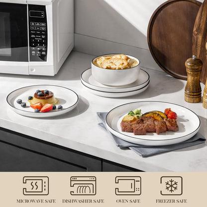 Plates and Bowls Sets, 12 Pieces Modern Porcelain Dinnerware Set for 4 White Kitchen Dinner Dining Ware Set Wtih Black Rim Ceramic Dishware Dishes Microwave and Dishwasher Safe, Series LUNA4