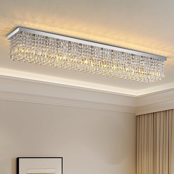 Rectangular Chandelier, Modern Dining Room Light Fixture with Raindrop Chandelier Crystals, 13-Light Flush Mount Rectangle Chandelier for Dining Room Kitchen,Chrome Finish L59'' X W10'' X H9''1