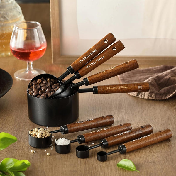 8PCS Measuring Cups and Spoons Set, DV Stainless Steel Measuring Cups with Ergonomic Wooden Handle for Cooking & Baking4