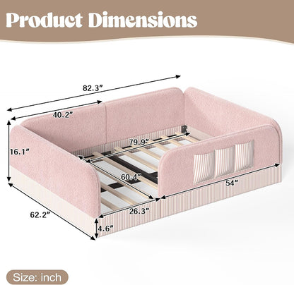 Queen Upholstered Floor Bed with Slats and Guardrail,Side Storage Pocket,Teddy, Pink2