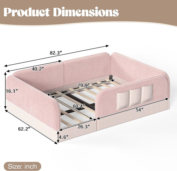 Queen Upholstered Floor Bed with Slats and Guardrail,Side Storage Pocket,Teddy, Pink2