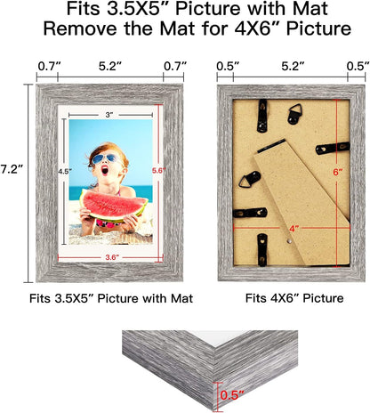 4X6 Picture Frame Rustic Grey Wood Pattern Set of 4,Display Photos 3.5X5 with Mat or 4X6 without Mat, Horizontal and Vertical Formats for Wall and Table Mounting4