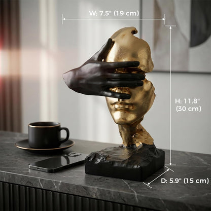 Office Desk Shelf Decor, See No Evil Gold Black Resin Bust | Modern Abstract Head Sculpture, Tabletop Accent, Mantel Table Display, Living Room Showpiece, 11.8 Inch Tall3