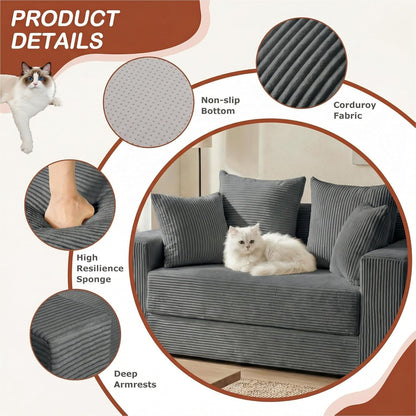 56" Boneless Couch, 5-In-1 Boneless Loveseat Sleeper Sofa Bed, Mini Convertible Pull Out Corduroy Futon Couch with Side Pockets & Handle, Folding Floor Sofa Bed with 4 Pillows for Small Space5