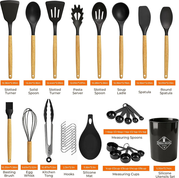 33 Pcs Silicone Kitchen Cooking Utensils Set, Wood Handle & Holder2