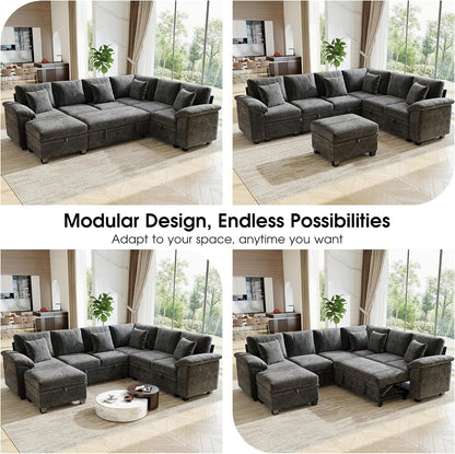 107.8" Modular Sectional Sleeper Sofa with Pull Out Bed, U Shaped 7 Seat Couch with 221L Storage, Convertible Cloud Couch Bed with Ottoman, Sectional Couches for Living Room, Apartment (Gray)8