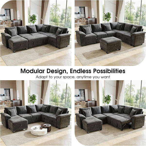 107.8" Modular Sectional Sleeper Sofa with Pull Out Bed, U Shaped 7 Seat Couch with 221L Storage, Convertible Cloud Couch Bed with Ottoman, Sectional Couches for Living Room, Apartment (Gray)8