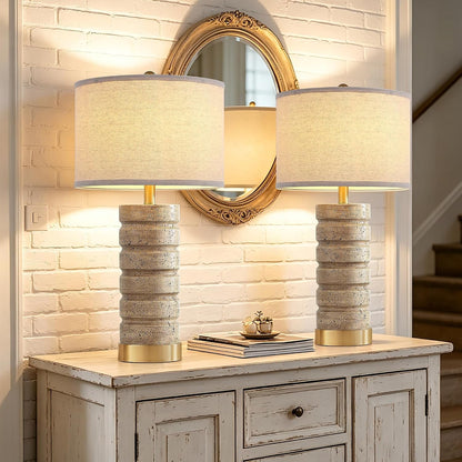 26" Set of 2 Travertine Resin Table Lamps for Bedroom, Brass Base2