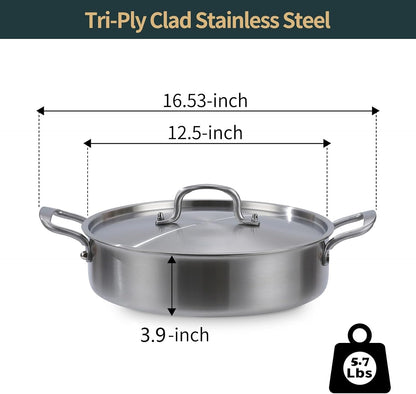 Saute Pan, 7 Quart Tri-Ply Stainless Steel Saute Pan, 12Inch Deep Frying Pan with Lid, Saute Skillet, Rondeau Pot with Lid Compatible with All Cooktops up to 600℉3