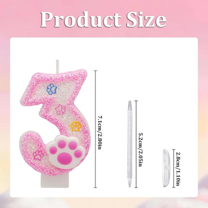 Pink Number 3 Birthday Candle with Paw Print Design, Cat and Dog Theme Cake Topper for Party Decorations for Pet Party Decor Anniversary Celebrations Supplies (Pink, Number 3)3