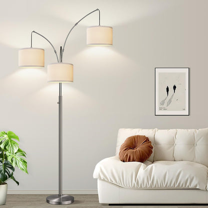 Dimmable Floor Lamp, 3 Lights Sliver Arc Floor Lamp, Modern Tall Standing Tree Lamp with White Linen Shades & Heavy Base, 3000LM LED Bulbs, Bright Lighting for Living Room, Bedroom, Office & Reading6