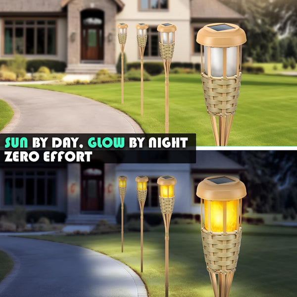 Flickering Flames Solar Powered Lights - Upgraded Solar Torches Waterproof Outdoor Decorative Lighting Auto On/Off, Handmade Bamboo Finish, 2-Pack2
