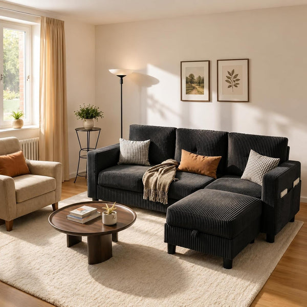 77" L-Shaped Corduroy Sectional Sofa with Storage Ottoman, Black3