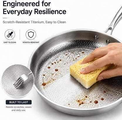 8 in Titanium Pro Pan for Cooking, Titanium Frying Pan with Lid, Uncoated Hammered Cookware Pans, Scratch-Resistant & Even Heating, for Gas, Induction Compatible Oven (8In)5