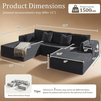 108" Oversized Cloud Sectional Couch, Comfort U Shaped Boneless Couch for Living Room, Extra Deep Seats No Assembly, Modular Sofa, Corduroy (Dark Grey, 2 Seater + Left Facing Chaise + Ottoman)2