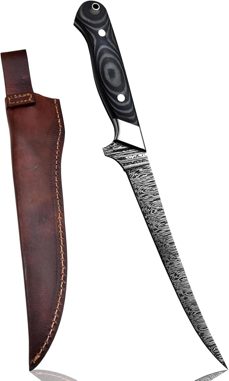 custom-hand-forged-damascus-steel-fillet-knife-fishermans-filet-g-10-micarta-handlle-leather-sheath-fixed-blade-handmade-knife-ultra-sharp-edge