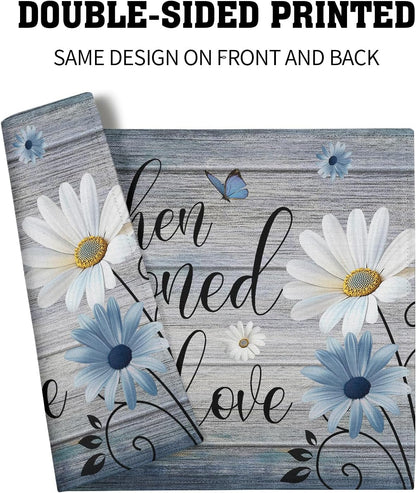 Rustic Farmhouse Quote Placemat Set of 4, 12X18 Inch Daisy Flowers Kitchen Seasoned with Love Grey Linen Washable Table Mats for Home Party Indoor Kitchen Dining Decoration5