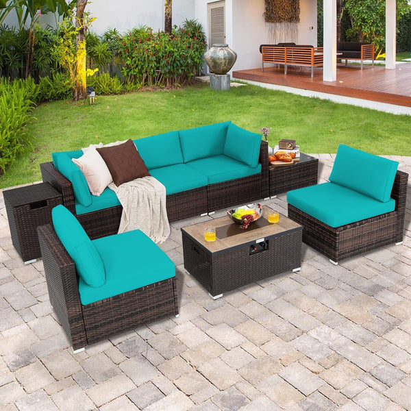 8 Piece Outdoor Wicker Sofa Set, Patio Rattan Conversation Set W/32” Propane Fire Pit Table & Tank Holder, 40,000 BTU Heat Output, Cozy Seat & Back Cushions, Fire Pit PVC Cover (Turquoise)3