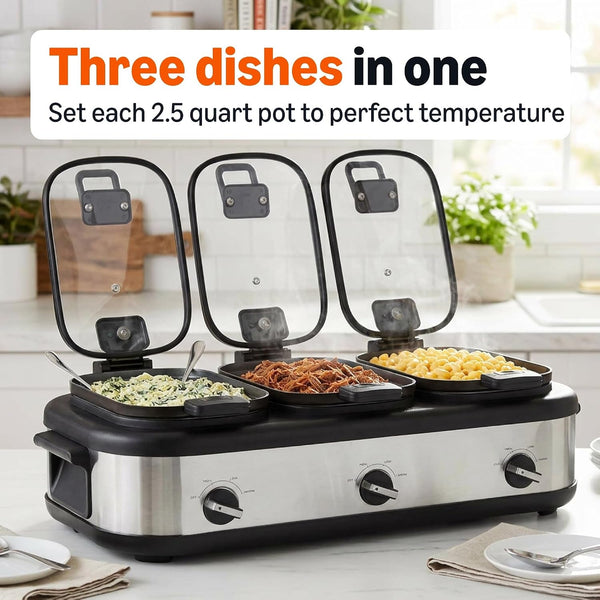 Triple Slow Cooker with Ceramic Nonstick Coating, Individual Temperature Controls Crock Pot for Parties and Events, Locking Handles, Glass Lids, 3 X 2.5 Quarts, Stainless Steel4