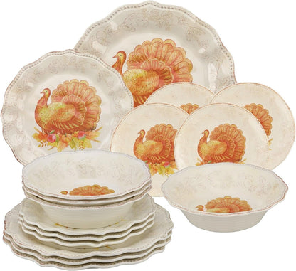 16 Piece Glitter Turkey Melamine Dinnerware Sets, Outdoor Dishes Set, Plates and Bowls Sets, Autumn Thanksgiving Decorations, Service for 4, Orange1