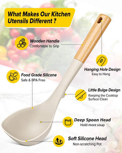 Silicone Soup Ladle and Spaghetti Spoon Set with Wooden Handle, Non Stick Heat Resistant Kitchen Utensils for Cooking, Stirring, Serving Pasta, Soup & Sauce(Khaki)2