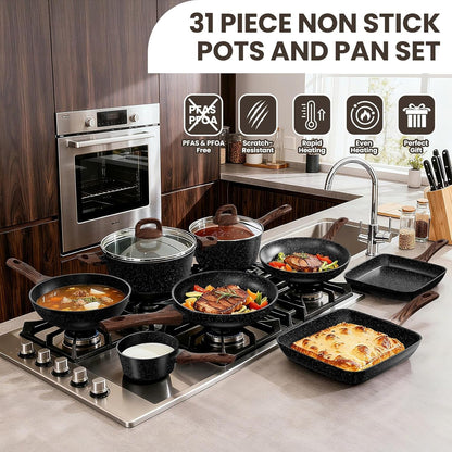 Pots and Pans Set Non Stick, 31 Piece Kitchen Induction Cookware & Bakeware Set, Nonstick Kitchen Cooking Pans Set with Frying Pans Set Grill Pan Saucepan Baking Sheet & Utensils, PFOA Free5