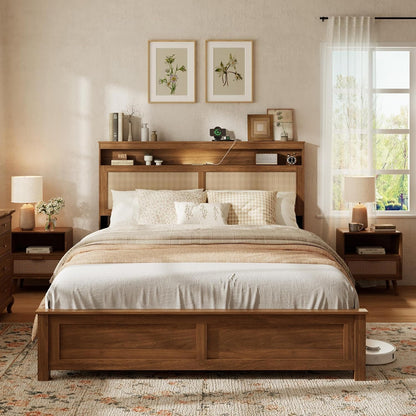 Queen Bed Frame with Natural Rattan Headboard, Brown4